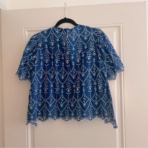 Zara Blue and White Embroiderered Top